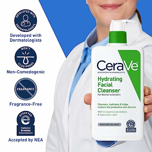 CeraVe Hydrating Facial Cleanser held by person in lab coat.