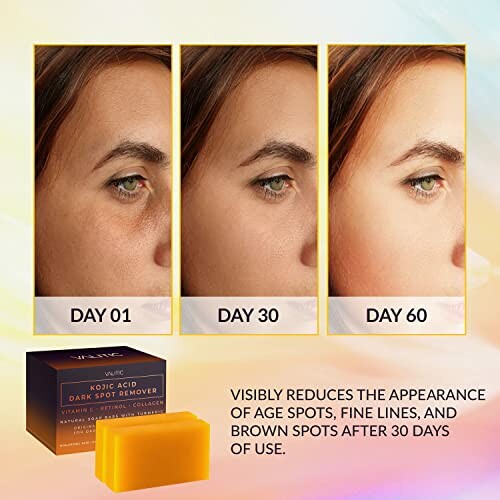 Progress of dark spot removal on skin over 60 days using kojic acid product.